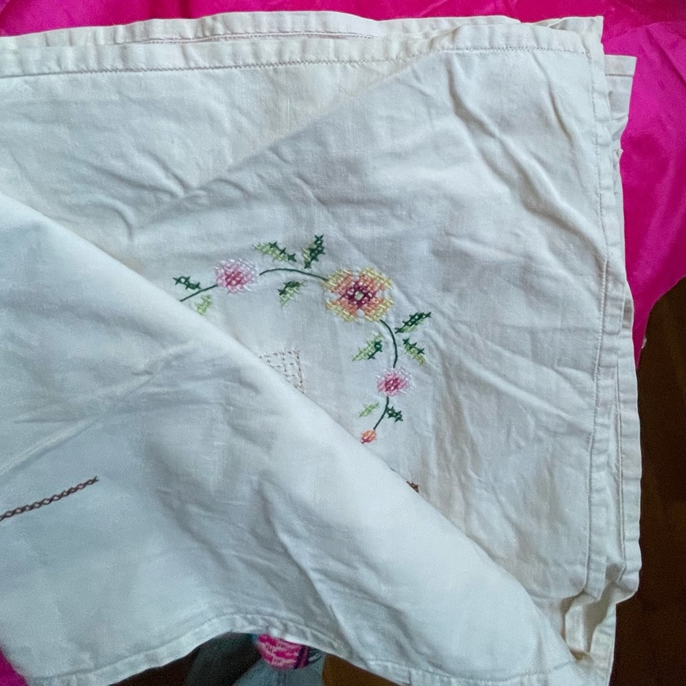 Vintage Tablecloth Hand Embroidered Floral CrossStitch  50” Sewing Upcycle craft - Picture 4 of 14